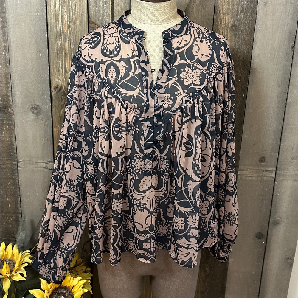 Anthropologie Let Me Be Sheer Boho Black Taupe Flowy Peasant Blouse NWOT